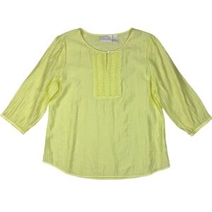 Chico's Blouse Popover Women 1 M Lemon Yellow Crinkle 3/4 Sleeve Pleated Coastal